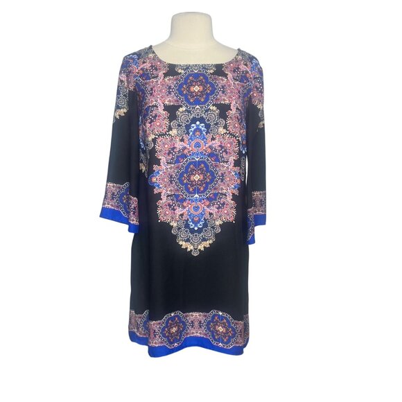 City Studio Dress Large Blue Black Bohemian Shift Long Sleeves - Picture 1 of 7